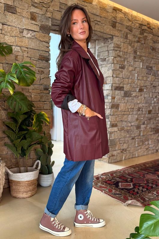 Made in Italy Runa Leather Look Relaxed Blazer Burgundy